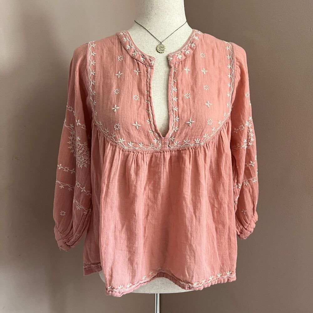 Lucky Brand Embroidered Peasant Top Pink Boho Romantic Prairie Cottage Size S